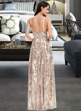 Cailyn A-Line V-neck Floor-Length Sequined Prom Dresses With Sequins UKP0017317