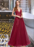 Laura Ball-Gown/Princess V-neck Floor-Length Tulle Lace Prom Dresses With Beading Sequins UKP0017318