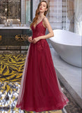 Laura Ball-Gown/Princess V-neck Floor-Length Tulle Lace Prom Dresses With Beading Sequins UKP0017318