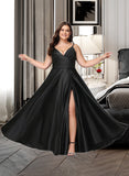 Caylee A-line V-Neck Floor-Length Satin Prom Dresses With Ruffle UKP0017320