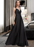 Caylee A-line V-Neck Floor-Length Satin Prom Dresses With Ruffle UKP0017320