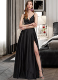 Caylee A-line V-Neck Floor-Length Satin Prom Dresses With Ruffle UKP0017320