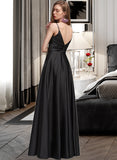 Caylee A-line V-Neck Floor-Length Satin Prom Dresses With Ruffle UKP0017320