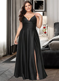 Caylee A-line V-Neck Floor-Length Satin Prom Dresses With Ruffle UKP0017320