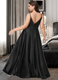 Caylee A-line V-Neck Floor-Length Satin Prom Dresses With Ruffle UKP0017320