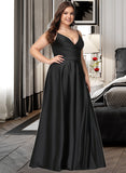 Caylee A-line V-Neck Floor-Length Satin Prom Dresses With Ruffle UKP0017320