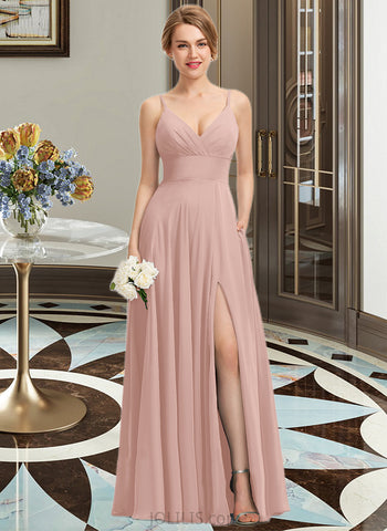 Ximena A-Line V-neck Floor-Length Chiffon Prom Dresses With Ruffle UKP0017324