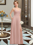 Ximena A-Line V-neck Floor-Length Chiffon Prom Dresses With Ruffle UKP0017324