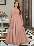 Ximena A-Line V-neck Floor-Length Chiffon Prom Dresses With Ruffle UKP0017324