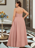 Ximena A-Line V-neck Floor-Length Chiffon Prom Dresses With Ruffle UKP0017324