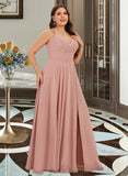 Ximena A-Line V-neck Floor-Length Chiffon Prom Dresses With Ruffle UKP0017324