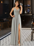 Jimena A-line V-Neck Floor-Length Chiffon Lace Prom Dresses With Sequins UKP0017325