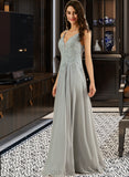 Jimena A-line V-Neck Floor-Length Chiffon Lace Prom Dresses With Sequins UKP0017325