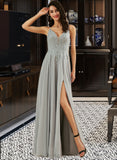 Jimena A-line V-Neck Floor-Length Chiffon Lace Prom Dresses With Sequins UKP0017325