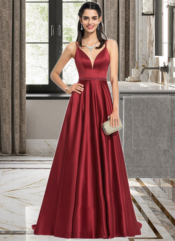 Maria A-Line V-neck Sweep Train Satin Prom Dresses With Beading Sequins UKP0017328