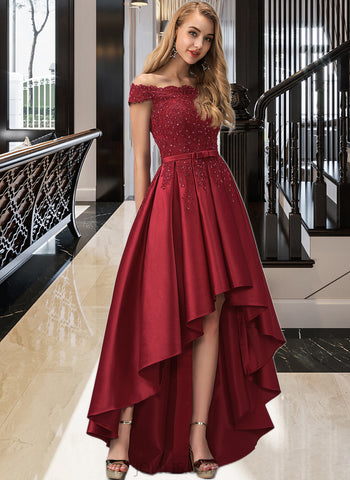 Jadyn Ball-Gown/Princess Off-the-Shoulder Asymmetrical Satin Prom Dresses With Beading Sequins Bow(s) UKP0017330