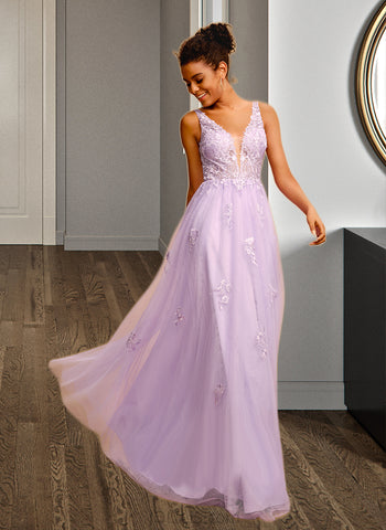 Joanne Ball-Gown/Princess V-neck Floor-Length Tulle Lace Prom Dresses UKP0017331