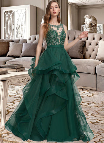 Lucile Ball-Gown/Princess Scoop Floor-Length Tulle Prom Dresses With Ruffle UKP0017333