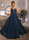 Andrea A-Line V-neck Floor-Length Chiffon Sequined Prom Dresses With Sequins UKP0017334