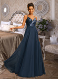 Andrea A-Line V-neck Floor-Length Chiffon Sequined Prom Dresses With Sequins UKP0017334