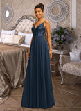 Andrea A-Line V-neck Floor-Length Chiffon Sequined Prom Dresses With Sequins UKP0017334