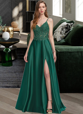 Isis A-Line V-neck Floor-Length Satin Lace Prom Dresses UKP0017335