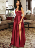 Aleena A-line V-Neck Floor-Length Satin Prom Dresses UKP0017336