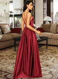 Aleena A-line V-Neck Floor-Length Satin Prom Dresses UKP0017336