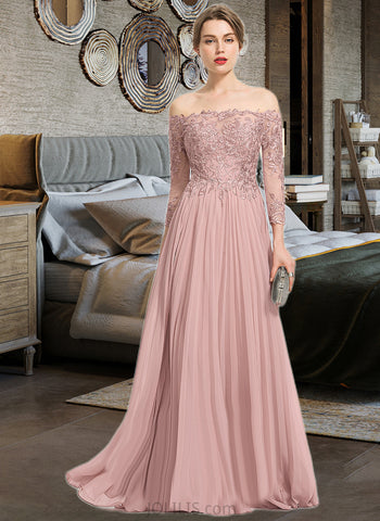 Martina Ball-Gown/Princess Off-the-Shoulder Floor-Length Chiffon Lace Prom Dresses With Sequins Pleated UKP0017339