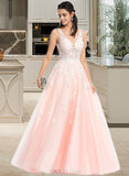 Amira Ball-Gown/Princess V-neck Floor-Length Tulle Lace Prom Dresses With Beading Sequins UKP0017343