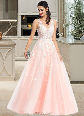 Amira Ball-Gown/Princess V-neck Floor-Length Tulle Lace Prom Dresses With Beading Sequins UKP0017343