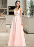 Amira Ball-Gown/Princess V-neck Floor-Length Tulle Lace Prom Dresses With Beading Sequins UKP0017343