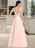 Amira Ball-Gown/Princess V-neck Floor-Length Tulle Lace Prom Dresses With Beading Sequins UKP0017343