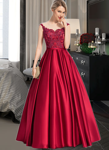 Ruth Ball-Gown/Princess Scoop Floor-Length Satin Lace Prom Dresses With Sequins UKP0017347