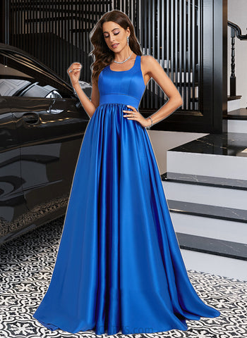 Harley A-Line Scoop Sweep Train Satin Prom Dresses UKP0017349