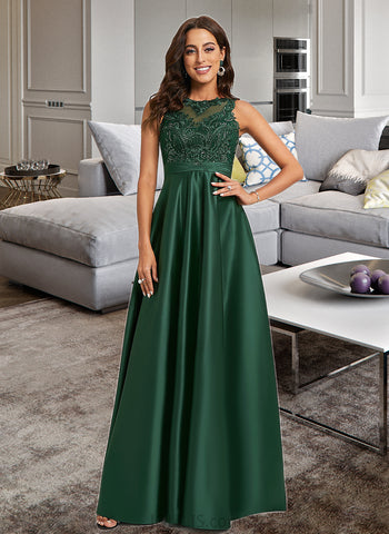 Nola Ball-Gown/Princess Scoop Floor-Length Satin Lace Prom Dresses With Sequins UKP0017355