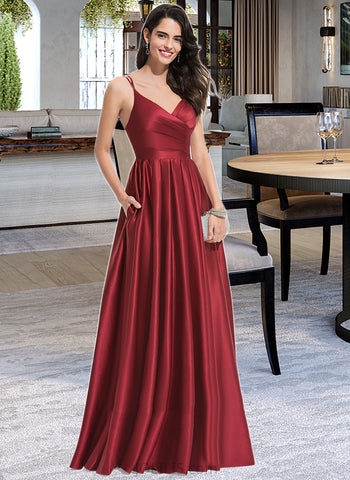 Elsa A-Line V-neck Floor-Length Satin Prom Dresses With Ruffle UKP0017356