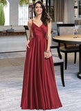 Elsa A-Line V-neck Floor-Length Satin Prom Dresses With Ruffle UKP0017356