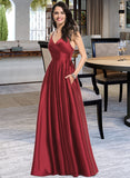 Elsa A-Line V-neck Floor-Length Satin Prom Dresses With Ruffle UKP0017356