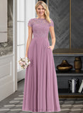 Mary A-Line Scoop Floor-Length Chiffon Lace Prom Dresses UKP0017358