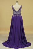 A Line V Neck Beaded Bodice Chiffon Sweep Train Prom Dresses