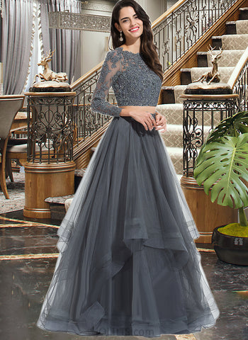 Everleigh Ball-Gown/Princess Scoop Floor-Length Tulle Prom Dresses With Beading Sequins UKP0017360