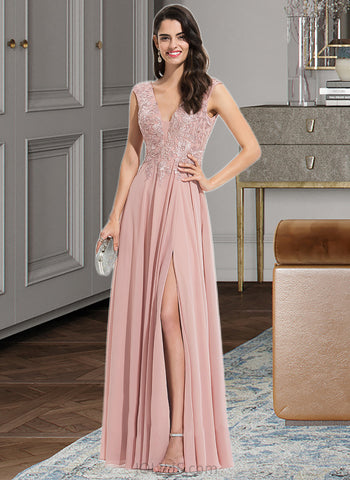 Alaina A-Line V-neck Floor-Length Chiffon Prom Dresses UKP0017361