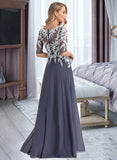 Esperanza A-Line V-neck Floor-Length Chiffon Lace Prom Dresses With Sequins UKP0017363