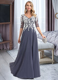 Esperanza A-Line V-neck Floor-Length Chiffon Lace Prom Dresses With Sequins UKP0017363