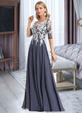 Esperanza A-Line V-neck Floor-Length Chiffon Lace Prom Dresses With Sequins UKP0017363