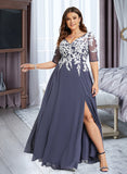 Esperanza A-Line V-neck Floor-Length Chiffon Lace Prom Dresses With Sequins UKP0017363