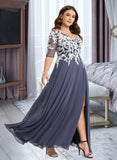 Esperanza A-Line V-neck Floor-Length Chiffon Lace Prom Dresses With Sequins UKP0017363