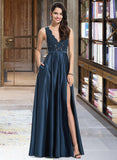 Norma A-Line V-neck Floor-Length Satin Prom Dresses With Sequins UKP0017364