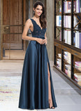 Norma A-Line V-neck Floor-Length Satin Prom Dresses With Sequins UKP0017364